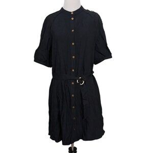 Naf Naf Robe Dress Womens Size 6 Black Belted Button Front Casual Short Sleeve